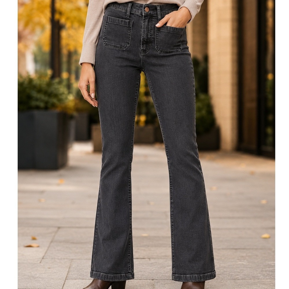 GAP‎ 70s Flare High Rise Jeans Washed Black Front Patch Pocket Womens Size 25 0R